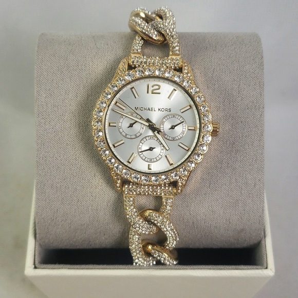 New Michael Kors Layton Gold Extreme Glitz Crystal Chain Bracelet Watch MK4653 - Picture 2 of 4